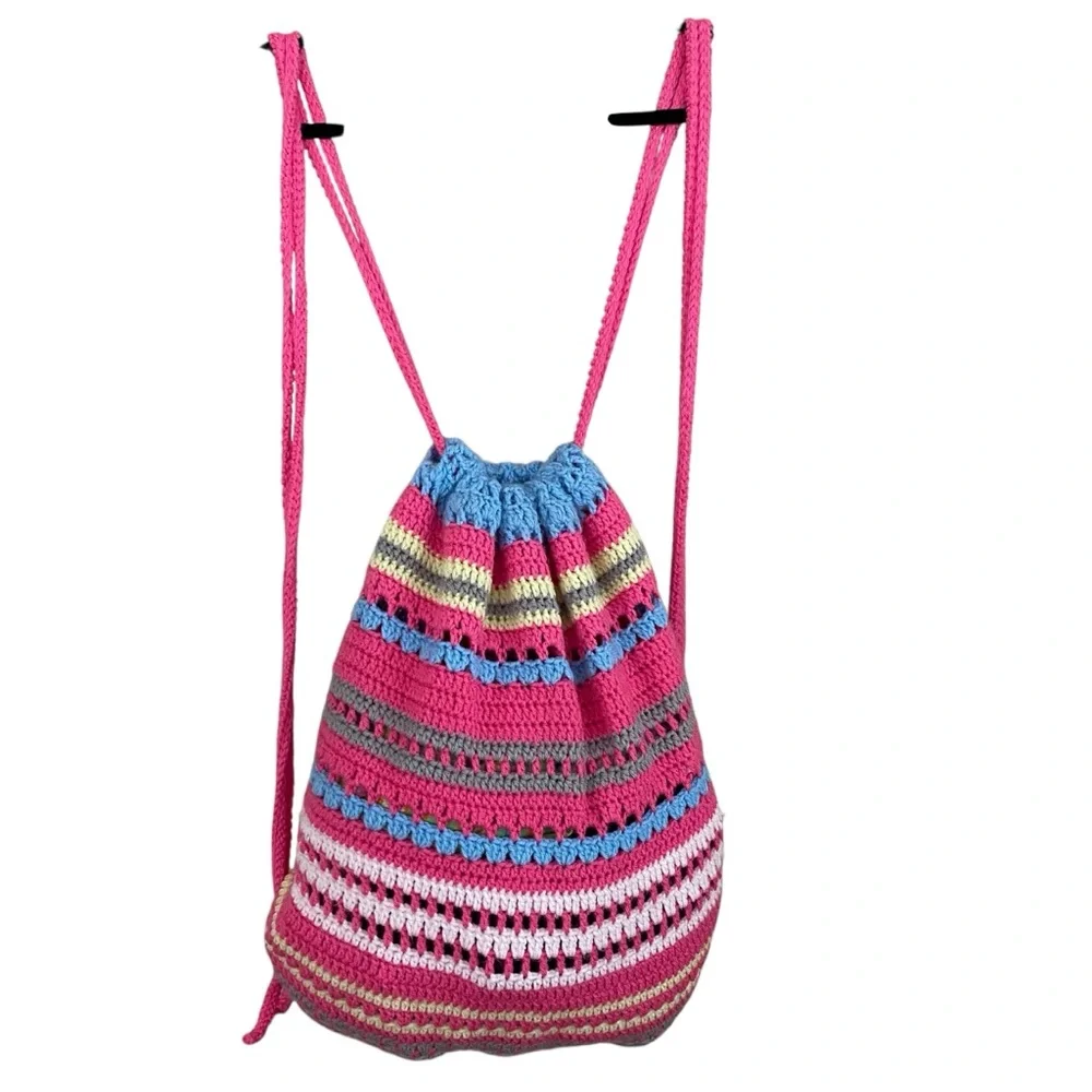 Handmade Boho Unique Crochet Colorful Striped Cinch‎ Sak Backpack Handbag